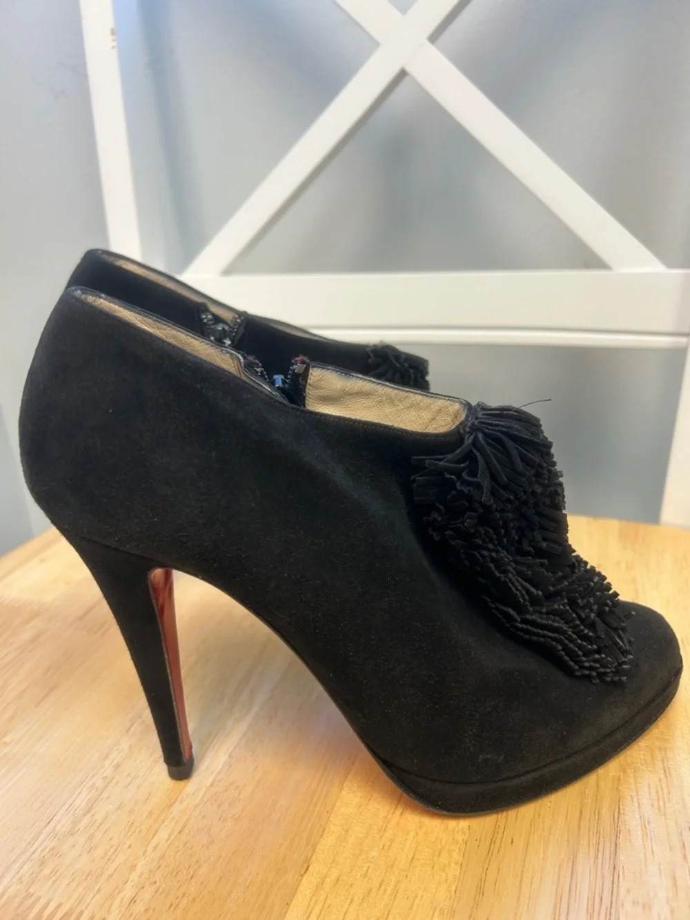 Authentic Christian Louboutin Goya Suede Fringe Black Bootie 10 US w/ Shoe Bags
